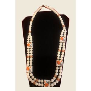 Vintage Japan Ceramic Necklace • 1970s Modern Art Beads • 28 Inch